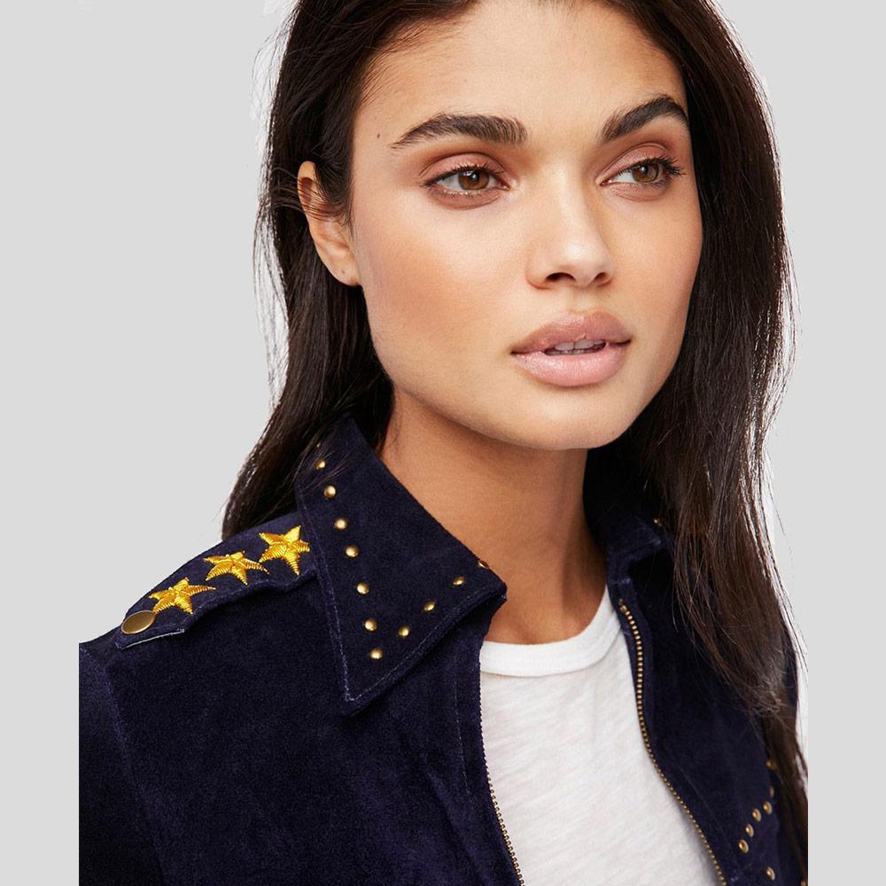 Eliza Blue Studded Suede Leather Jacket