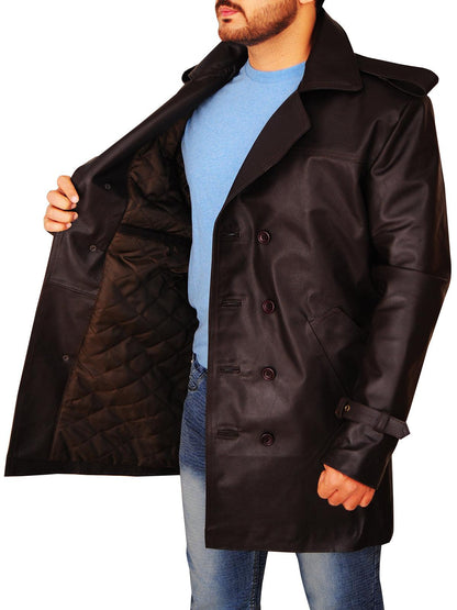 Men's Brown Leather Pea-coat