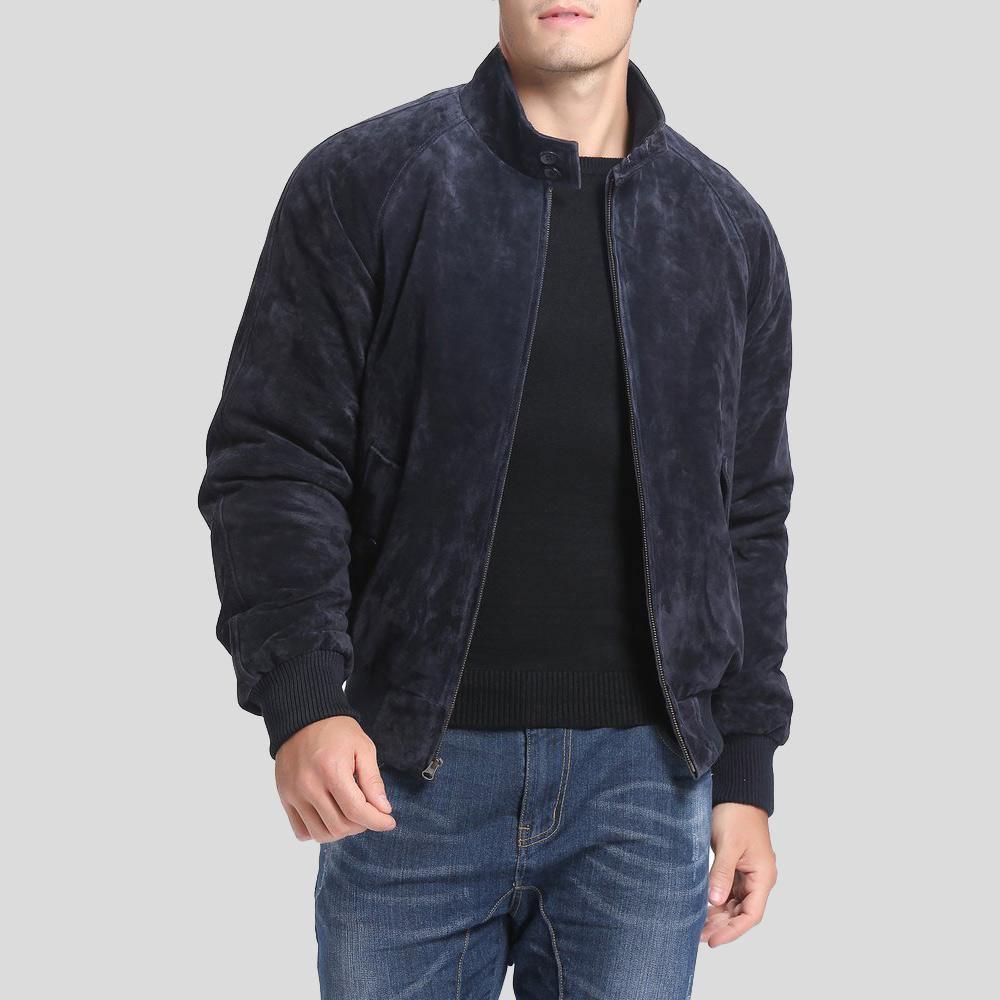 Admiral Navy Blue Suede Bomber Leather Jacket For Men