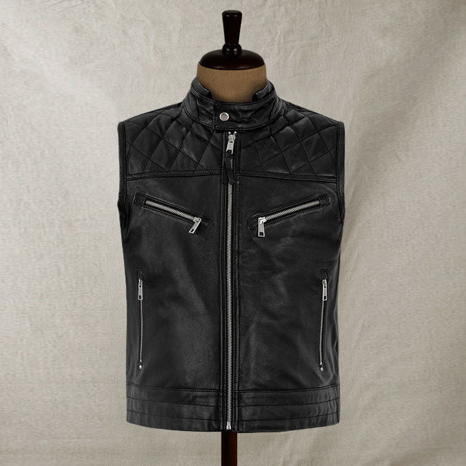 Top Quality Men's Genuine Leather Biker Vest Black
