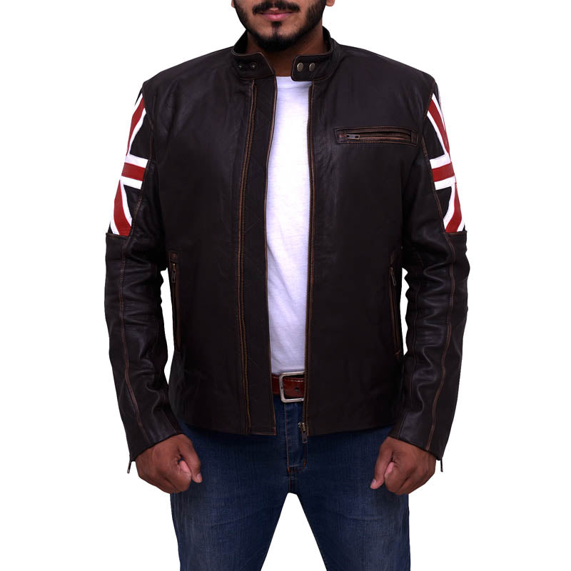 Mens Brown England Flag Biker Leather Jacket