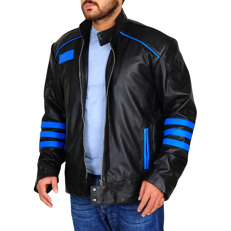 Mens Black & Blue Biker Leather Jacket