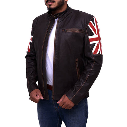 Mens Brown England Flag Biker Leather Jacket