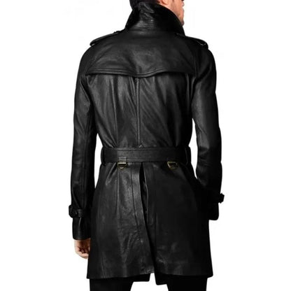 Mens Black Vintage Style Long Leather Coat