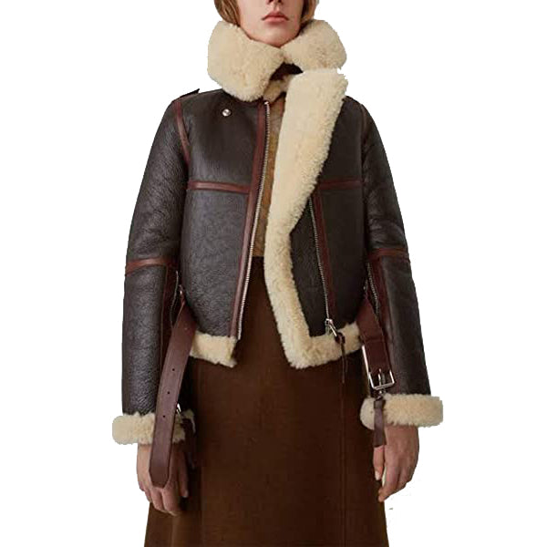 Women B3 Sheepskin Aviator Flight Fur Shearling Short Bomber Jacket