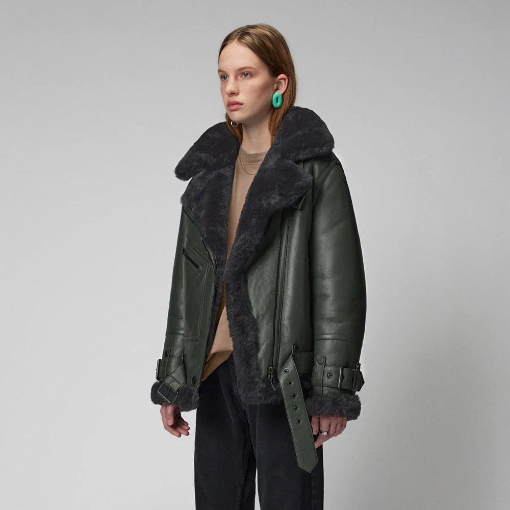 Women's Green RAF Aviator Styled Lambskin Black Shearling Leather Jacket