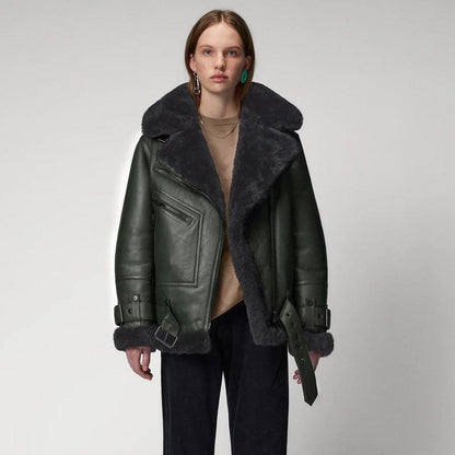 Women's Green RAF Aviator Styled Lambskin Black Shearling Leather Jacket