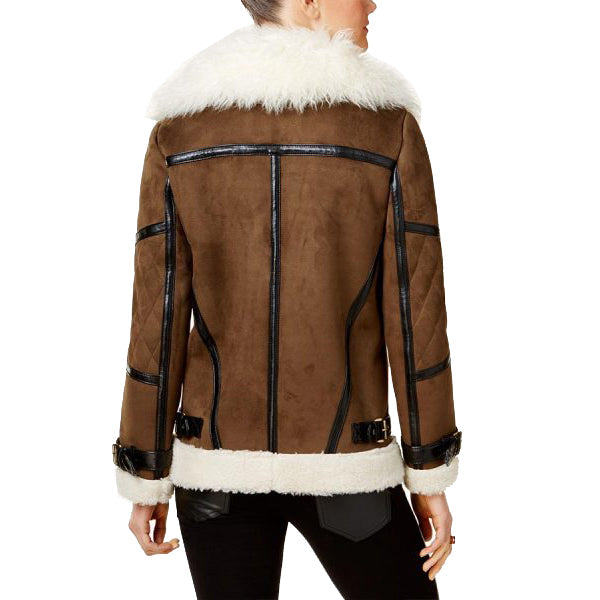 Womens Brown Bomber Asymmetrical Shearling Leather Jacket