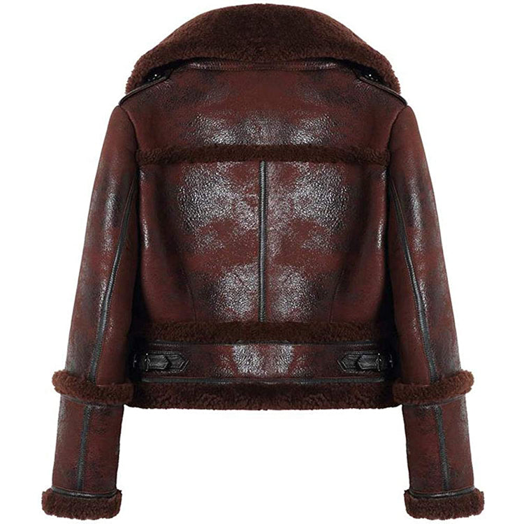 Womens Shearling Moto Jacket Brown