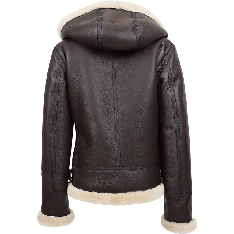 Womens Real Sheepskin Flying Jacket Brown Hooded Shearling B3 Pilot Aviator Coat