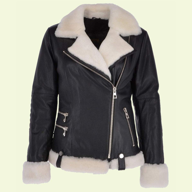 Womens Black Biker White Shearling Jacket