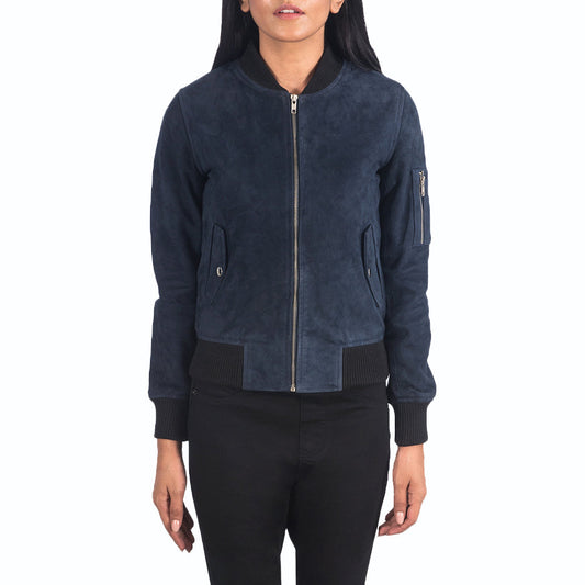 Womens Blue Suede Bomber Jacket