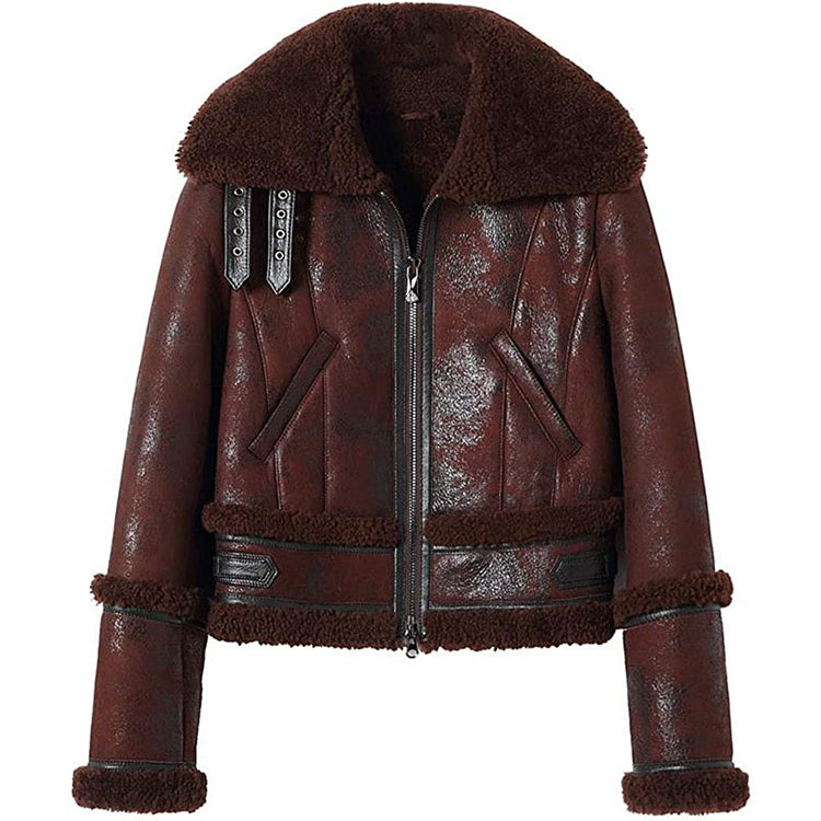 Womens Shearling Moto Jacket Brown