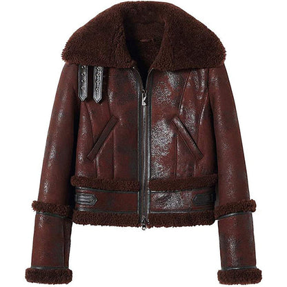 Womens Shearling Moto Jacket Brown