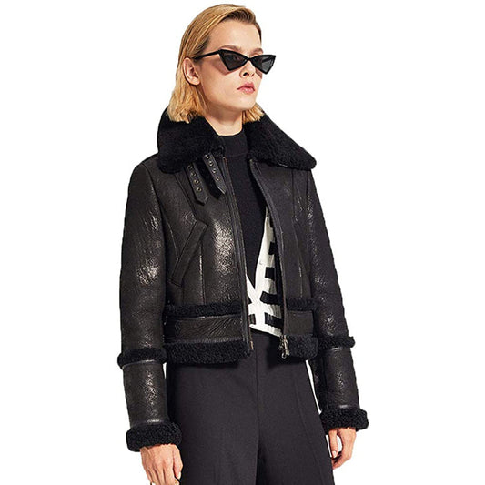 Womens Shearling Moto Jacket Black