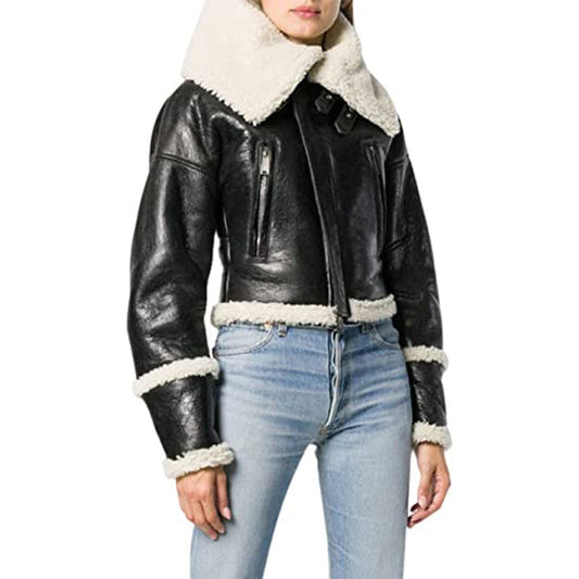 Womens Short Black Fur Sheepskin Aviator Bomber leather Jacket