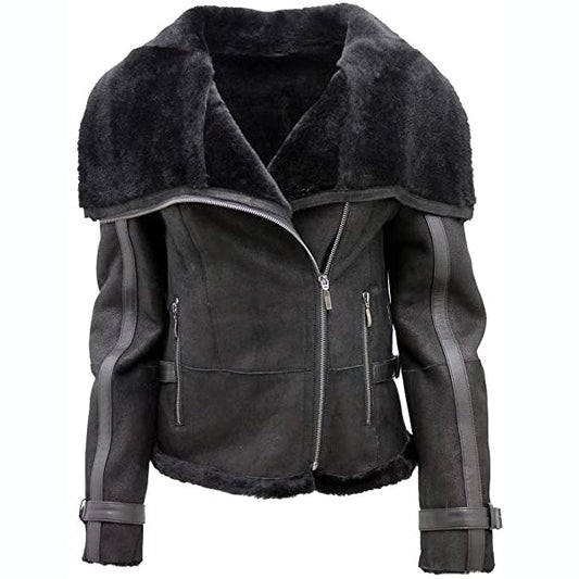 Womens Short Black Sheepskin Aviator Leather Jacket