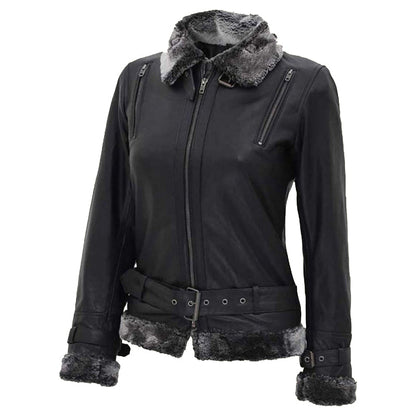 Women's Black Leather Shearling Jacket With Belted Closure