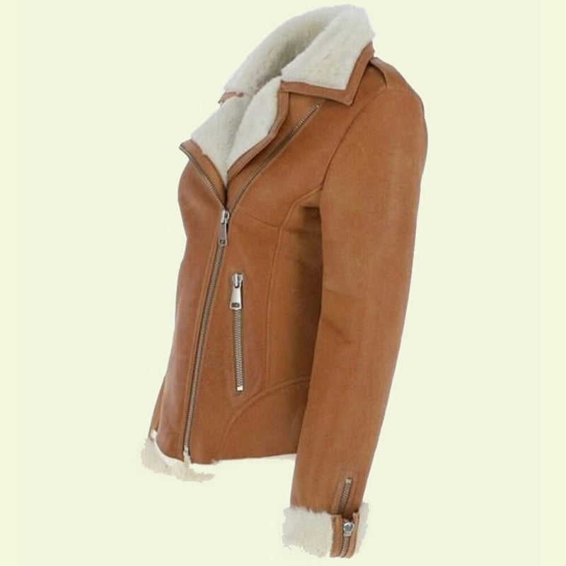 Women's Camel Brown Leather Shearling Jacket