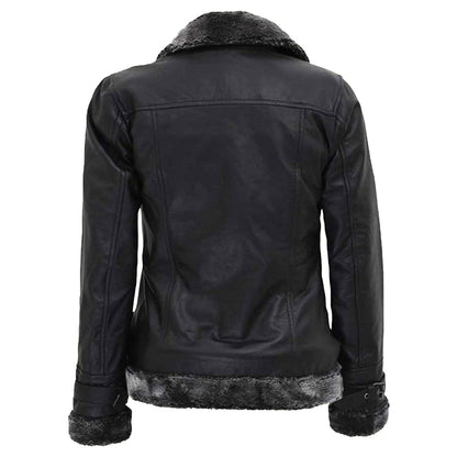 Women's Black Leather Shearling Jacket With Belted Closure