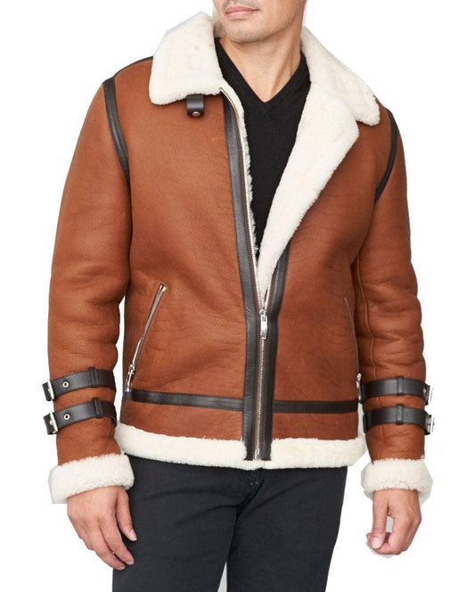 Men's Shearling Sheepskin Moto Jacket In Brown